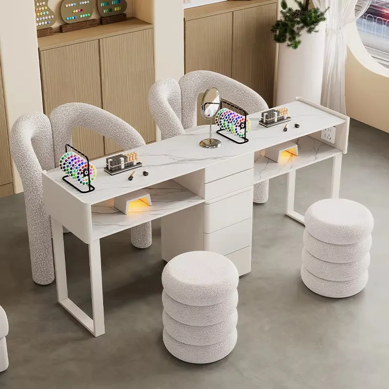Minimalist-Style Glass Double Nail Table and Chair Set - Image 1